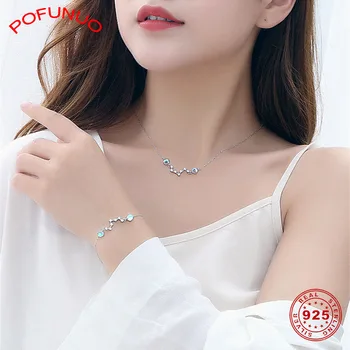 

POFUNUO 925 Sterling Silver Luck Star Moon Stone Necklace Korean Style Valentine's Day Gift Chokers Short Necklace Bracelet Set