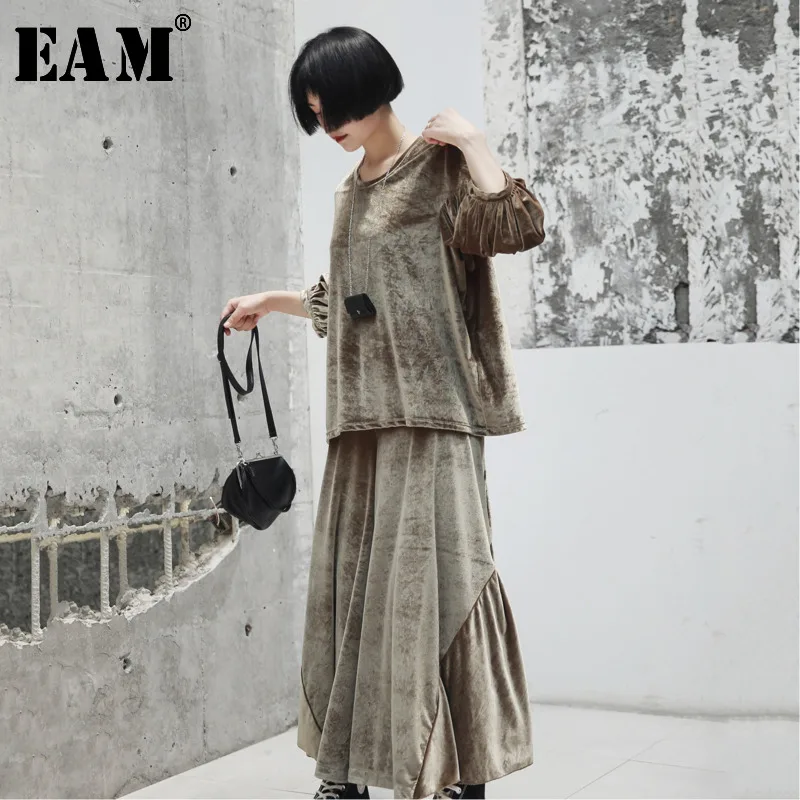 [EAM] бархатные широкие брюки костюм из двух предметов новый круглый вырез длинный