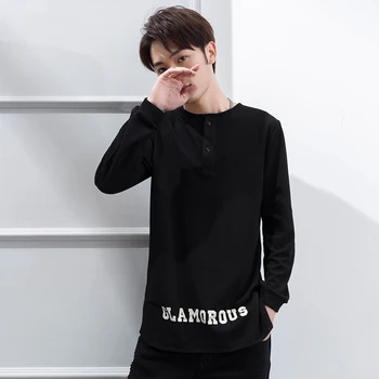 

M-XXL spring and autumn new mid-length front short back long round neck slim bottoming shirt men's shirt wild black hoodies men
