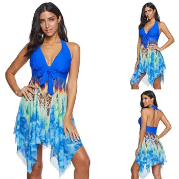 

2020 New Sexy Swimwear Women Halter Backless Two Piece Swimsuit Padded Tankini Set High Waist Swimdress Beachwear Plus Size