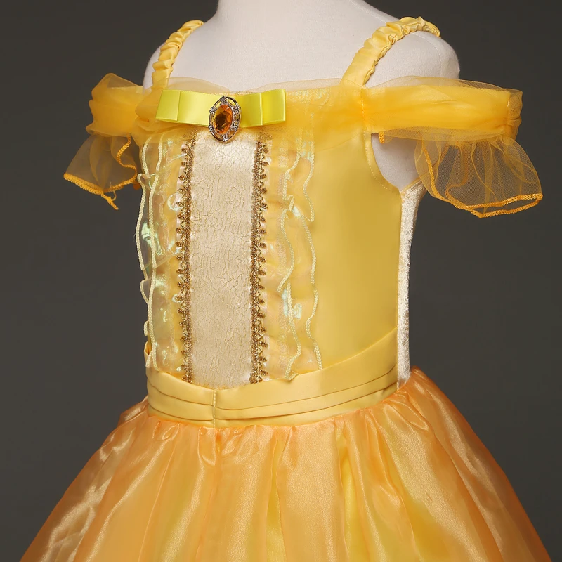 Белла принцесса платье Детские платья для девочек Маскировка костюмы животных Желтый нарядное платье Спящая красавица Хэллоуин вечерние платья