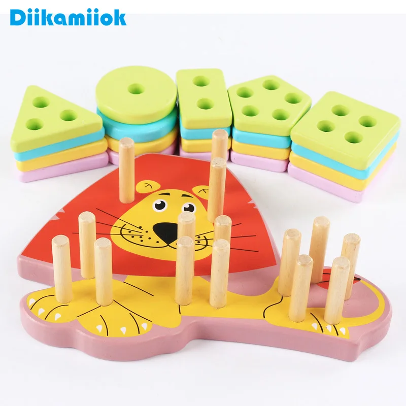 

Kids Cartoon Lion Five Sets of Columns Geometric Shape Matching Game Wooden Blocks Baby Learning Educational Toys for Children
