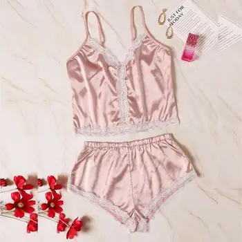 

2019 Women V-Neck Silk Lace Sexy Stain Backless Camisole Pajamas Sleepwear Shorts Set Batas Para Dormir Mujer Y
