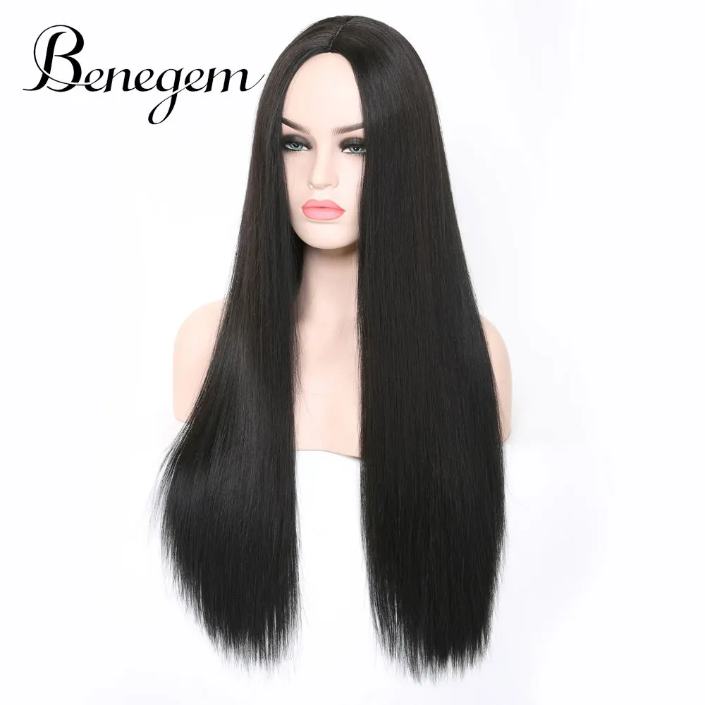 Benegem 24 inch Long Black Wig Synthetic Straight Women Wig Middle Part Non-Lace Cosplay Wigs for Party Costume 60 cm