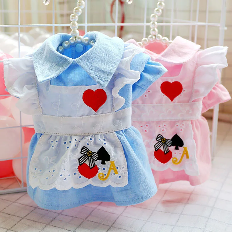 

Cute Cat Dress Pink Blue Dog Clothes Bubble Sleeve Heart Embroidered For Princess Girl Chihuahua Shirt Skirt Weeding Dress XS-XL
