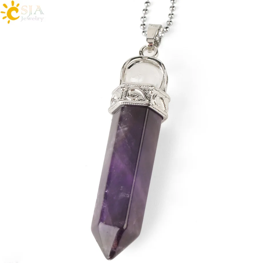 Amethyst Chain CSJA натуральный камень исцеляющий кулон остроконечная шестигранная колонна Белый Розовый Фиолетовый Кристалл столб подвески ожерелья для женщин мужчин G287 - Metal color: Amethyst Chain