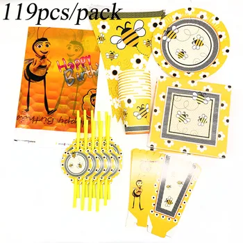 

119pcs/lot Bees theme disposable tableware baby shower party decorations Bees plates cups straws Bees theme tablecloths
