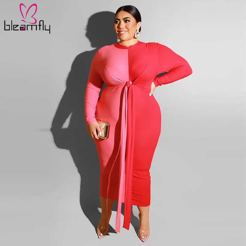 

Plus Size 4xl 5xl Long Sleeve Bodycon Patchwork Dress Women Robe Femme Tie Up Vintage Pencil Long Dresses Casual Skinny Vestidos