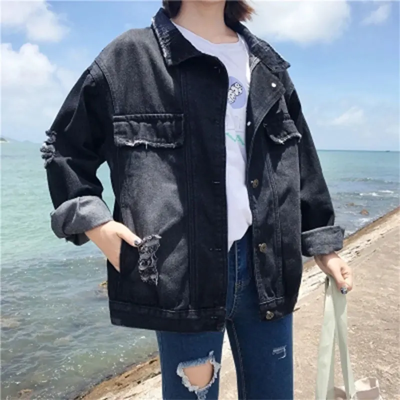 discounted Turn-down Collar Black Loose Denim Jackets Women Casual Korean Style Jean Coats Plus Size Female Fa
