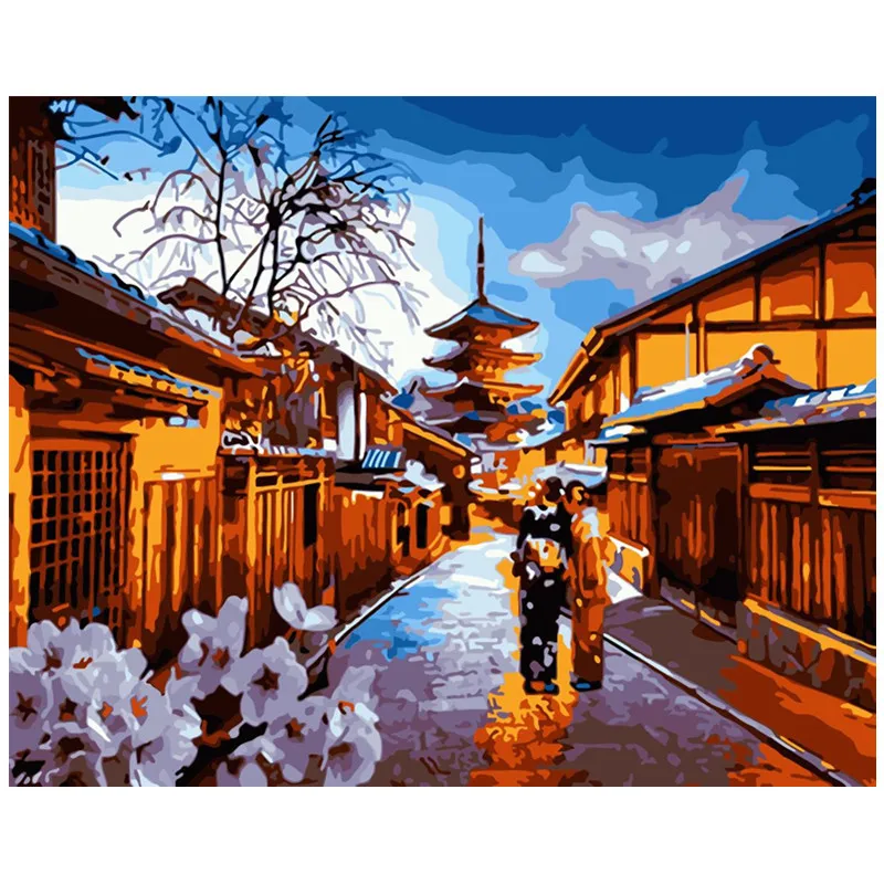 buy Painting By Numbers DIY Dropshipping40x50 60x75cm Beautiful Japanese villag Landscape Canvas Wedding Decoration Art picture Gift
