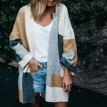 

Autumn Winter Patchwork Long Sweaters Cardigan Women Fashion Loose Knitted Jumper Sweater Color Block Cardigan Femme