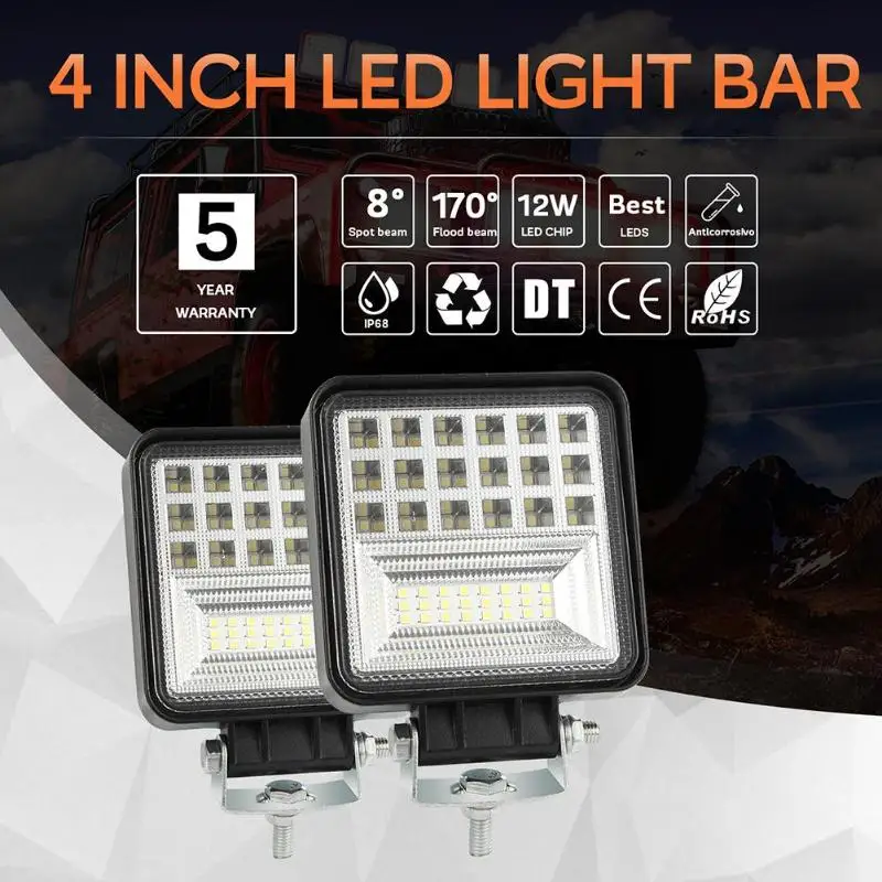 

4 inch 126W LED Work Light Bars 6000K Spot Flood Combo Beam DC 9-30V Offroad Driving Fog Lamps for Truck SUV Tractor ATV