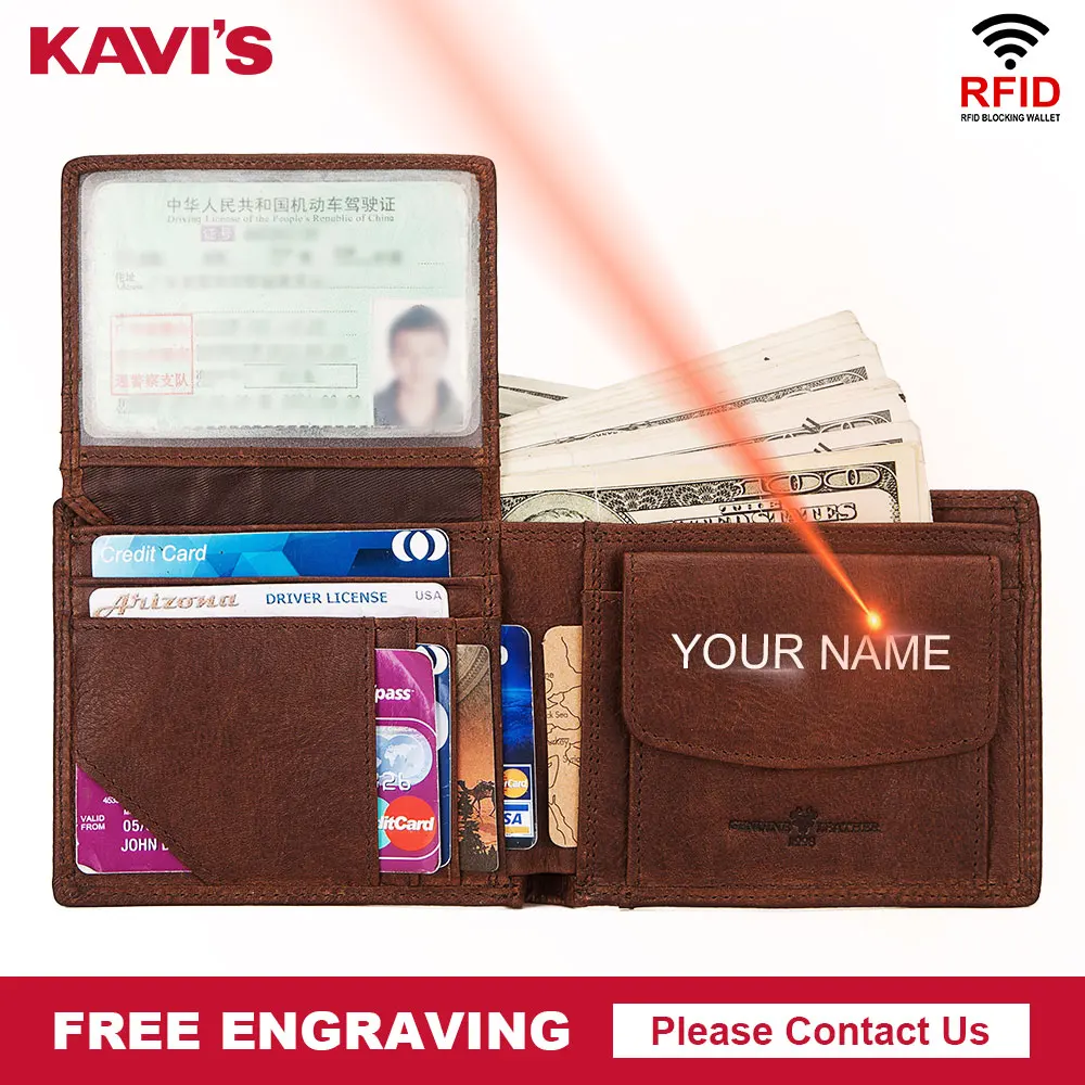 

KAVIS Rfid Free Engraving Genuine Leather Wallet Men Coin Purse Portomonee PORTFOLIO Male Cuzdan Perse Card Holder Gift for Name