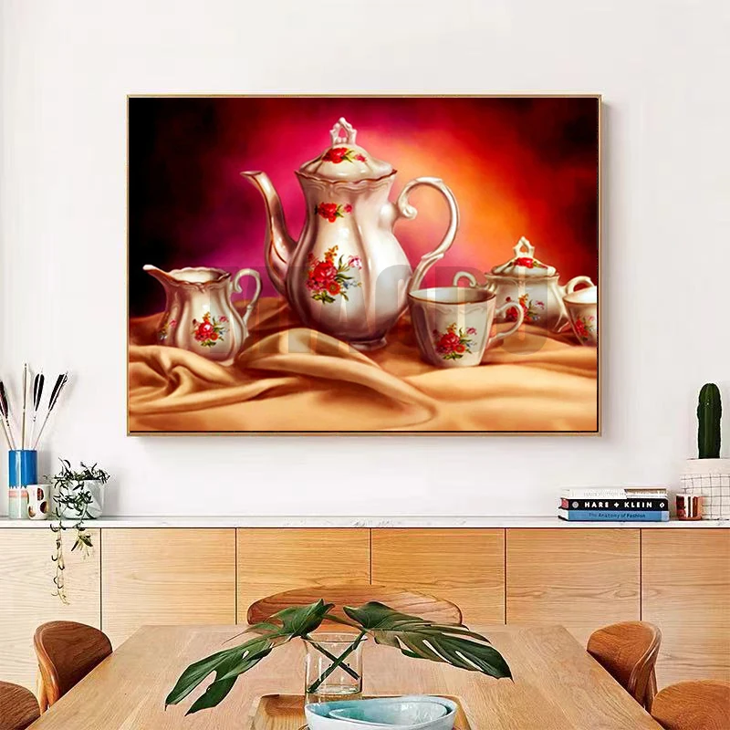 Diamond Painting 5D Diamond Painting Garden Kitchen Tea Set Flowers Diamond Embroidery Cross Stitch Kits Mosaic Drill Landscape Home Decor Gifts
