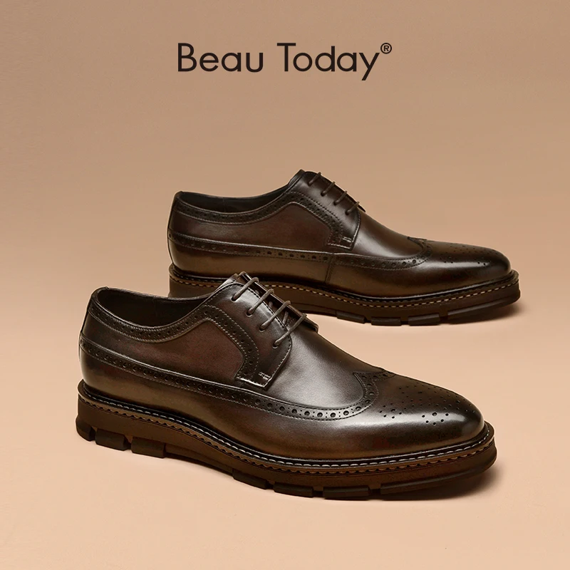 

Brogues Men Calfskin Leather Round Toe Formal Lace-Up Classic Business Gentlemen Platform Shoes Handmade BeauToday 55506