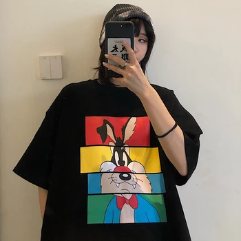 

Summer Mid Length Creative Cartoon Rabbit Print Women T-shirt Harajuku Large Size O Neck Tee Shirt High Street Wear Loose Tops