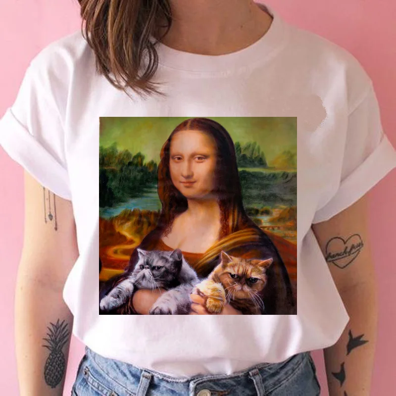 Mona lisa cat Футболка ulzzang Женская Хип-хоп забавная Футболка модная harajuku kawaii женская футболка уличная 90s Tumblr