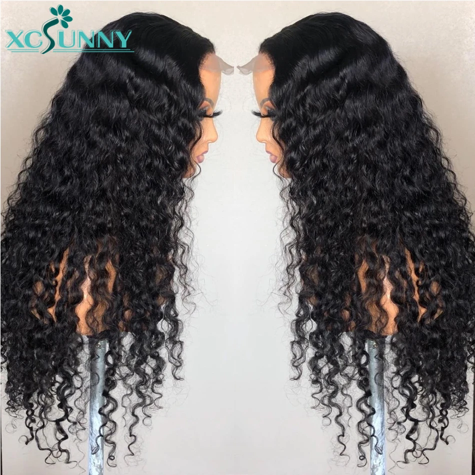 Deep Wave HD Transparent Lace Frontal Wig 13x6 Deep Part Lace Front Wigs PrePlucked Curly Human Hair 200% Remy Malaysian Xcsunny