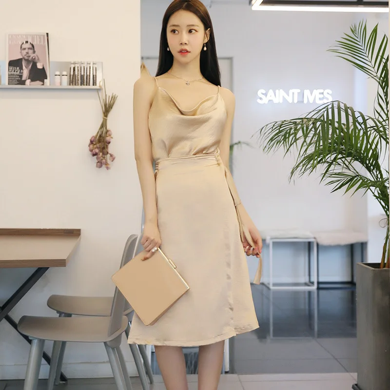 

2020 Spring And Summer Korean-style New Style Irregular V-neck Camisole Anti-Exposure Medium-length Dress Two-Piece Set-Style Se