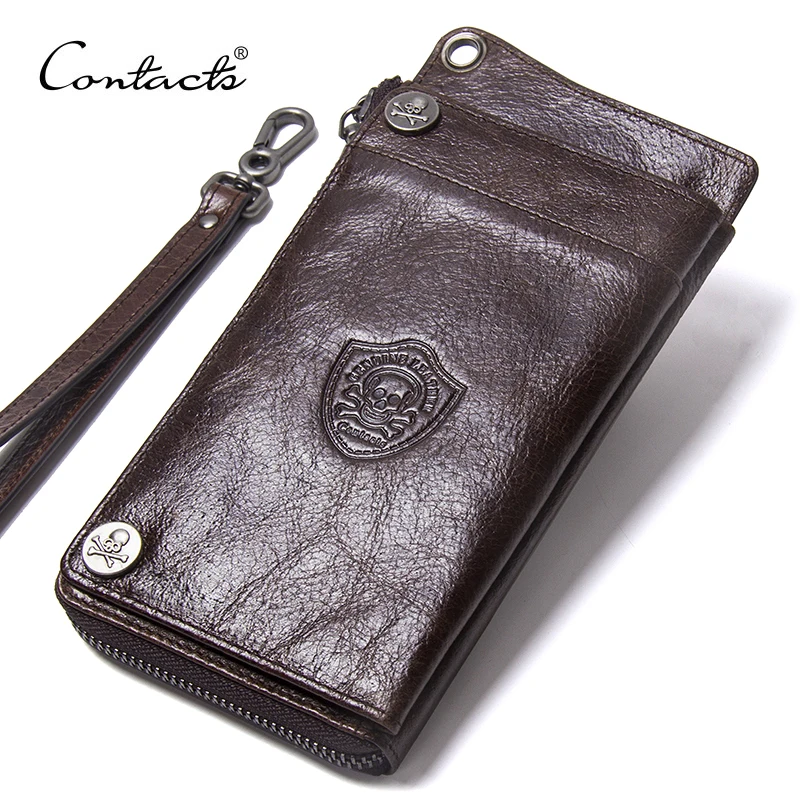 

Men Contact Wallet Genuine Leather Clutch Man Walet Brand Luxury Male Purse Long Wallets Zip Coin Purse 6.5" Phone Pocket Coffee