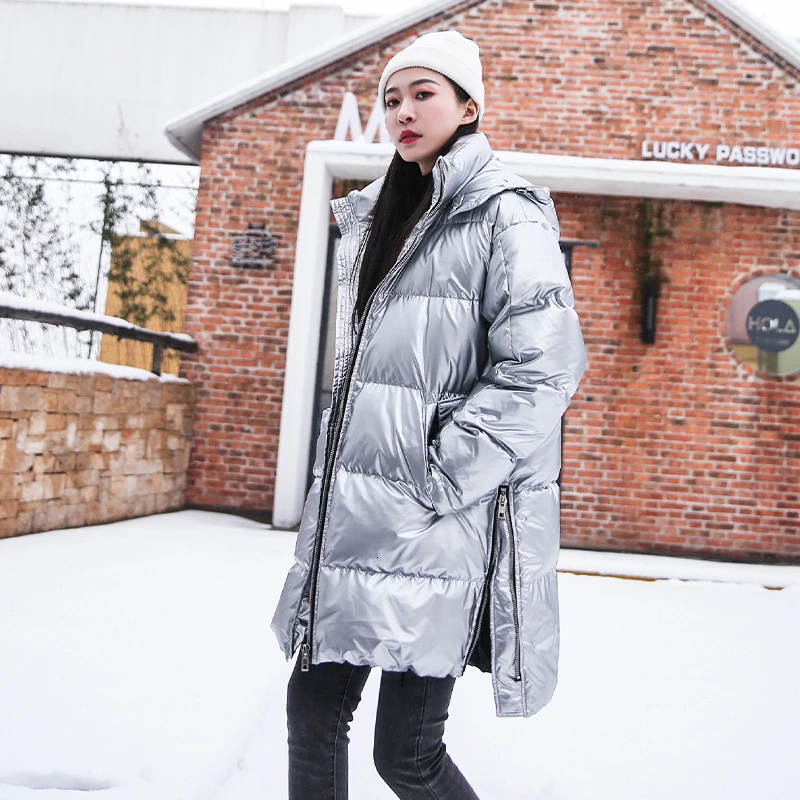 ZURICHOUSE Winter Jacket Woman Long Parka Warm Hooded Loose Fashion Glossy Silver Down Jacket Female Winter Coat