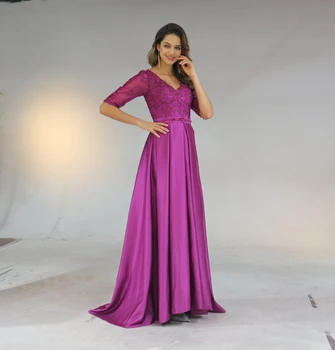 

Women 3/4 Long Sleeves V-Neck Lace Applique Mother of Bride Dress Beaded Prom Party Evening Gown Vestido Mae Da Noiva