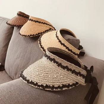 

Japanese Style Women Empty Top Hat Raffia Visor Cap Pearl Adjustable Sun Cap Vintage Lace Summer Beach Travel Foldable Straw Hat