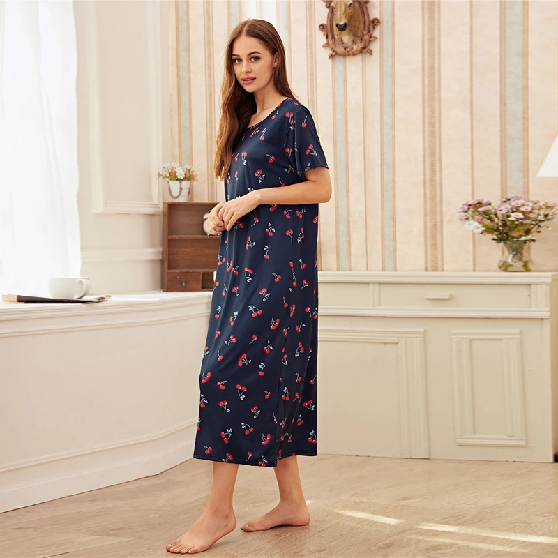 SHEIN, милое Ночное Платье с принтом фруктов и овощей в морском стиле, Женское ночное белье, лето-осень, Женская Базовая одежда для сна с коротким рукавом