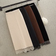 Осенняя высокая эластичная прямая Элегантная трикотажная юбка размера плюс, Женская Милая Сексуальная длинная плотная Зимняя юбка с карманами, G938