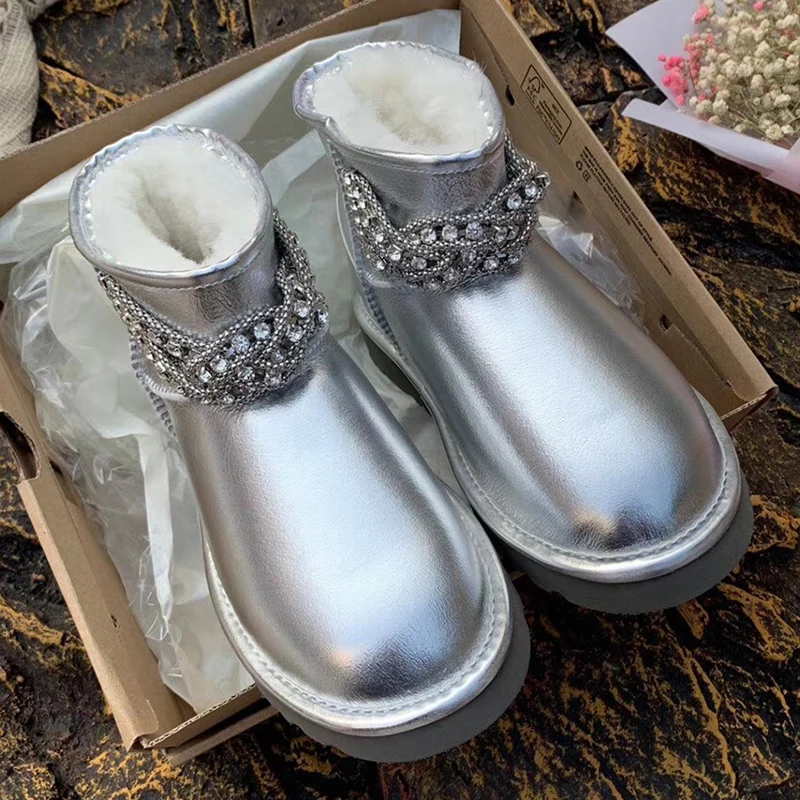 silvery SHUANGGUN/ г.; женские ботинки из овечьей кожи; зимние ботинки из овечьей кожи; кожаные полусапожки с металлическими цепочками и кристаллами - Цвет: silvery