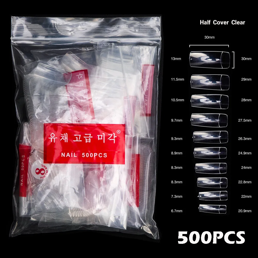 Half Cover Clear 500 шт прозрачные белые французские накладные акриловые накладные ногти, половинные накладные ногти, акриловые УФ-гель, французские накладные кончики для маникюра, салонные накладные ногти - Цвет: Half Cover Clear