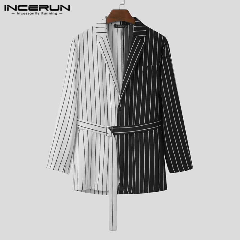Suit Men Blazers Patchwork INCERUN Striped Fashion Coats Pockets Long-Sleeve One-Button