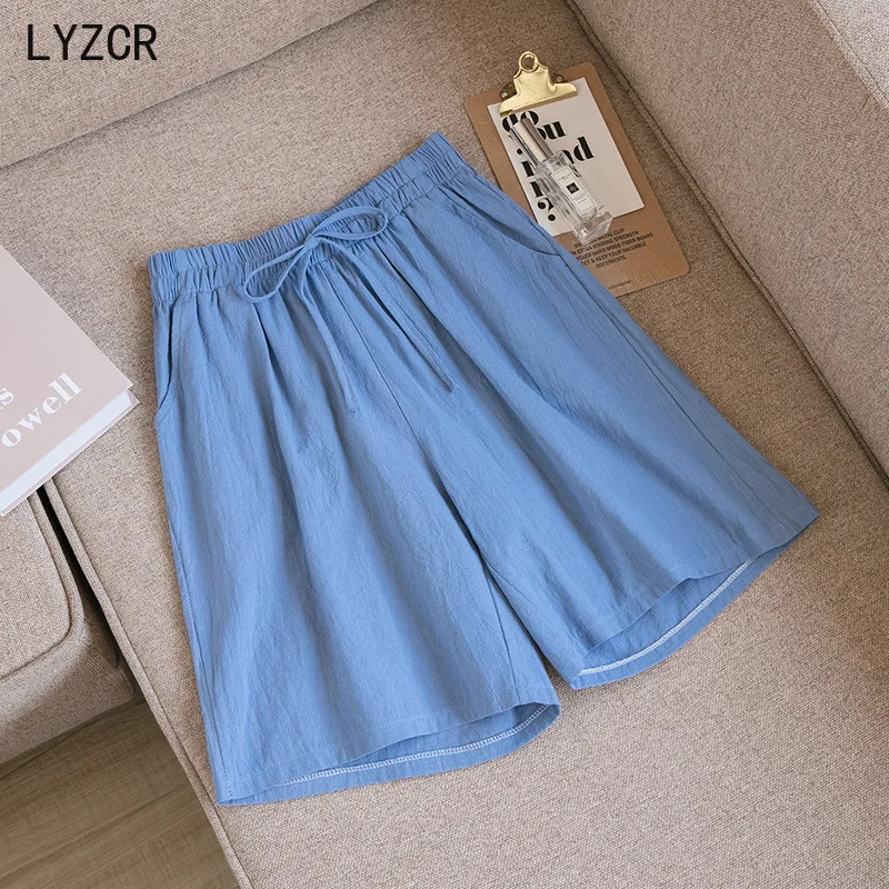 Summer Cotton Line Shorts With High Waist Loose Wide Leg Shorts For Women Knee Length Straight Cotton Short Female Plus Size 3XL women's swim shorts Shorts