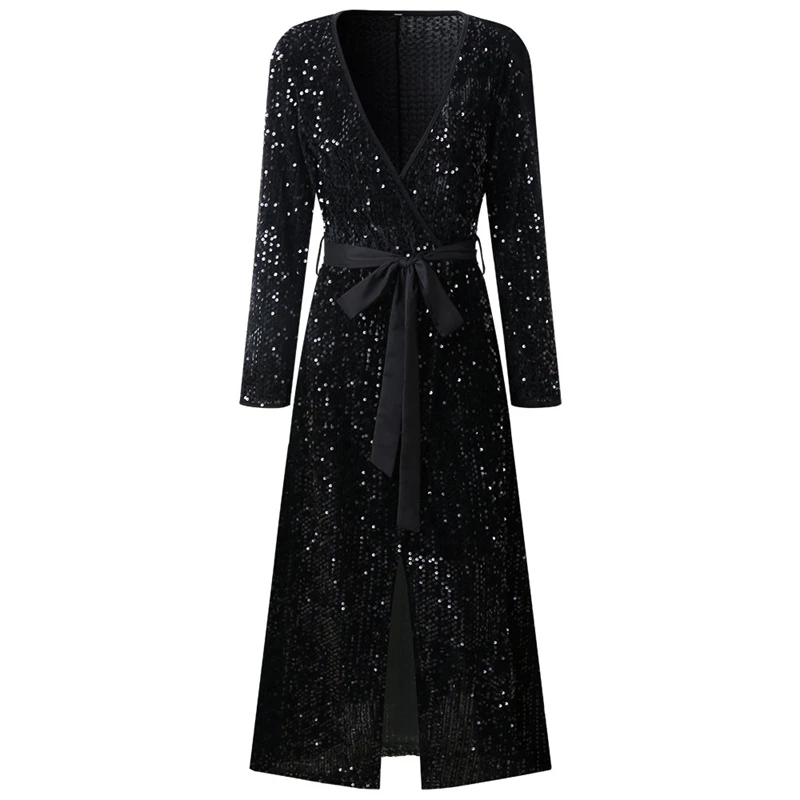 Черный длинный кардиган с блестками, Женское пальто осень-зима, вечерние, Клубные, сексуальные, блестящие, элегантные, длинные пальто, женская верхняя одежда