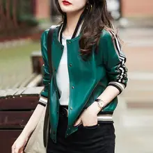 Women's Leather Outerwear Short Jackets Coat Stripe Button Handsome Cool Girl Autumn Baseball Uniform Fashion Female Clothed