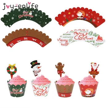 

24pcs Christmas deco Paper Cupcake Wrapper Santa Claus Card Cake Toppers Merry Christmas Navidad Xmas Party Cake Decoration noel