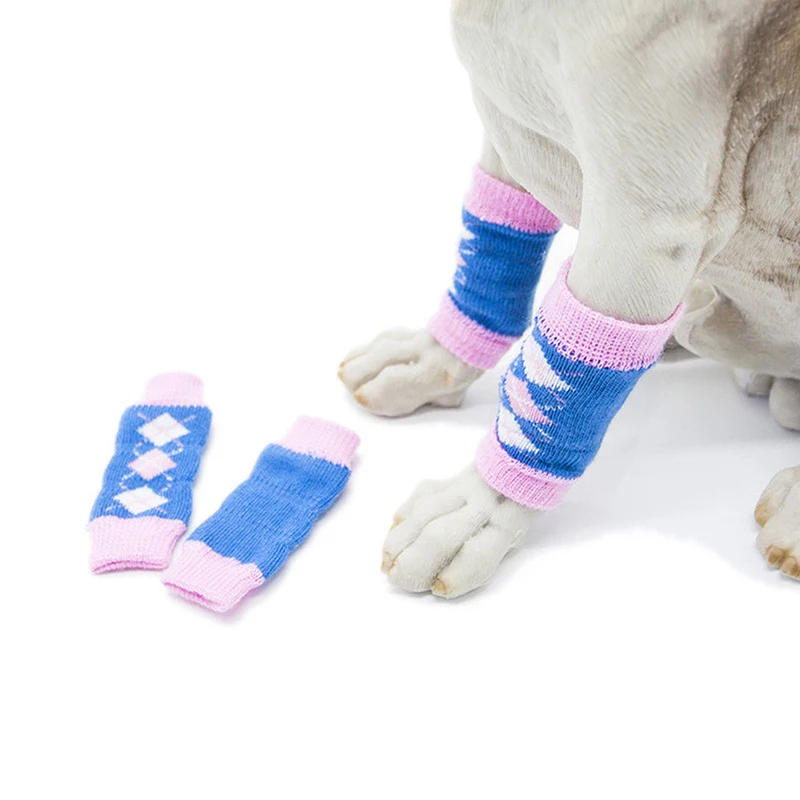 

4x Pet Dog Winter Warm Cotton Leg Socks Non-slip Printed Leg Warmers Protection