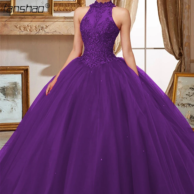Fanshao Blue Quinceanera Dresses High Neck Crystal Appliques Lace Pearls Cut-Out For 15 Girls Party Gowns Hot Sell Design Fanshao Blue Quinceanera Dresses High Neck Crystal Appliques Lace Pearls Cut-Out For 15 Girls Party Gowns Hot Sell Design