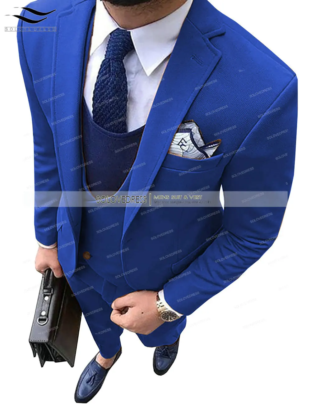 Royal Blue Модный мужской костюм из 3 предметов с v-образным вырезом, смокинги с отворотом для отдыха, мужские свадебные костюмы(пиджак+ брюки+ жилет - Цвет: Royal Blue