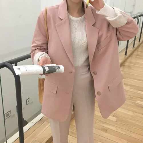 

South Korea Autumn New Style CHIC Gentle Elegant Light Pink Two-Button Loose-Fit Suit Jacket Women's
