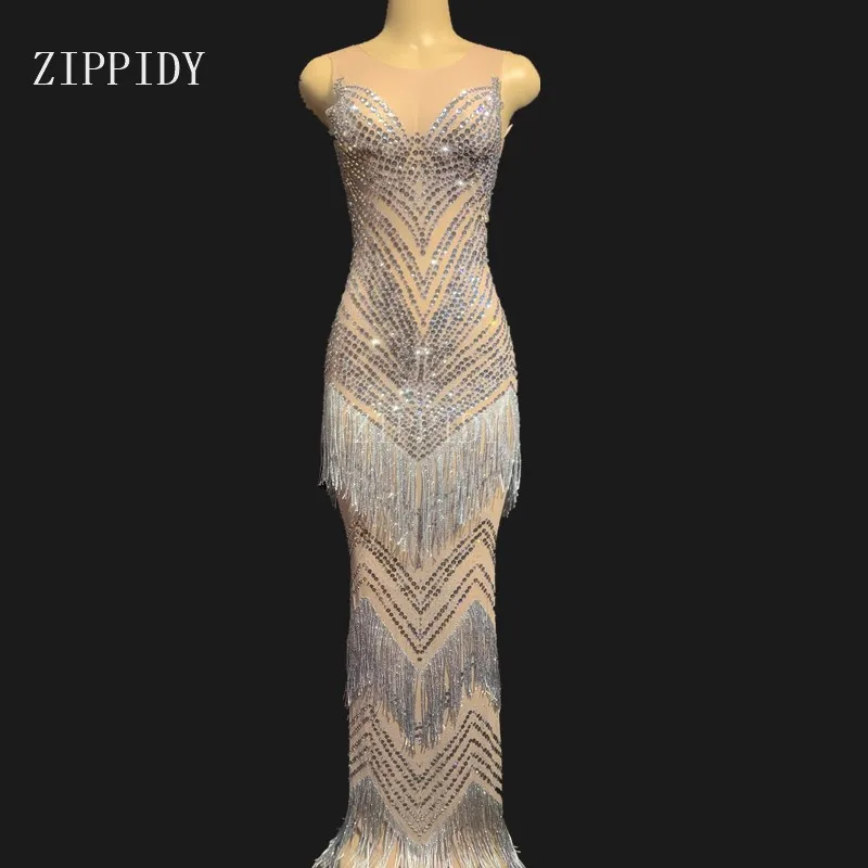 Дизайн блестящие камни кисточкой сетки длинное платье День Рождения Праздновать просвечивающее платье для сцены певица платья YOUDU