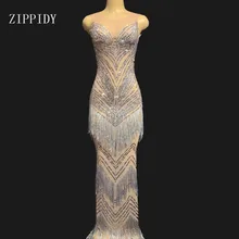 Дизайн блестящие камни кисточкой сетки длинное платье День Рождения Праздновать просвечивающее платье для сцены певица платья YOUDU