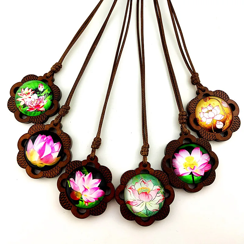 

Jaingzimei 24pcs New Design Wood Necklaces lotus glass Cabochon with wood Pendant summer style Wome Necklaces for party gift