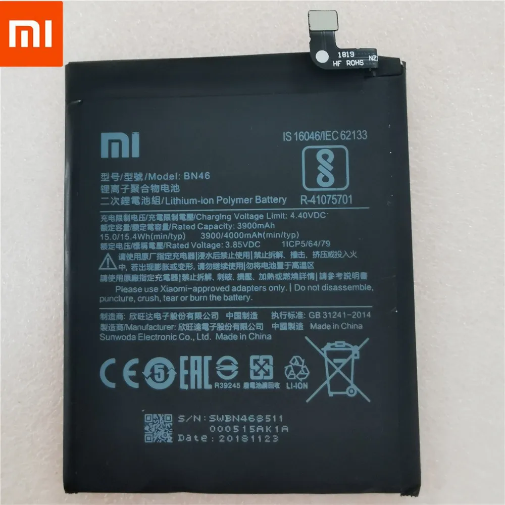 Xiao Mi Оригинальный аккумулятор для телефона BN46 Xiaomi Redmi Note 6 3900 мАч сменные батареи