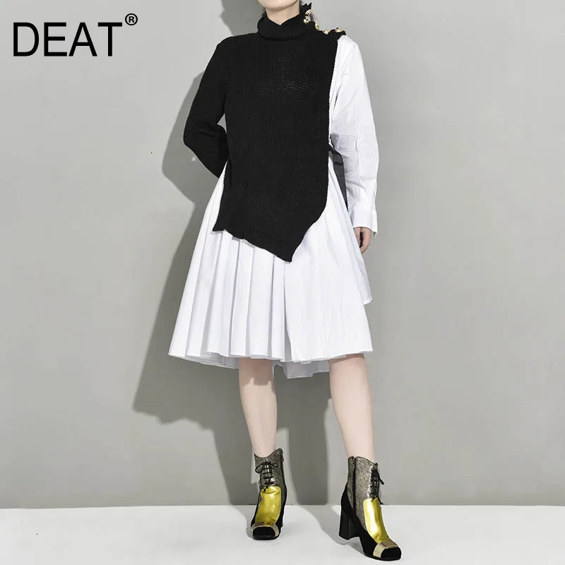 

DEAT 2019 Pleated New Autumn Winter Fashion Turtleneck Full Sleeves Shirt Dress And Knits Pullover Buttons Two Pieces WJ04301L