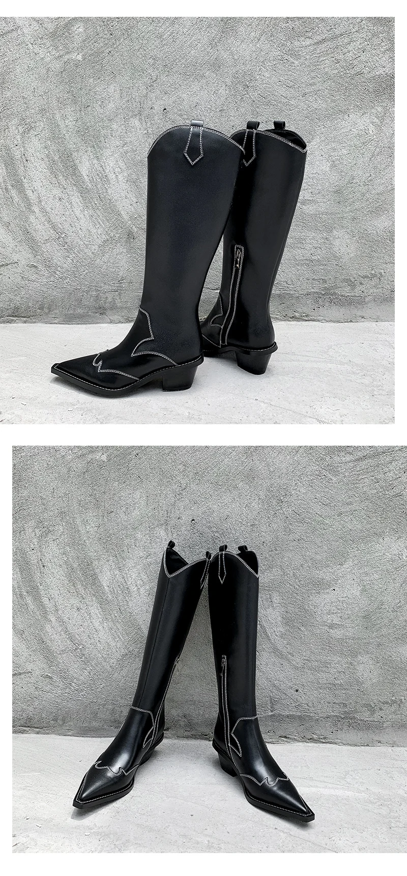 Genuine Leather boots women pointed toe chunky hight heel knight boots embroider retro style lady knee high boots black2019 new