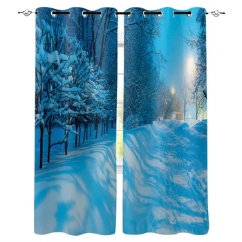 

White Snow Trees Road Snow Covered Blue Winter Window Curtains Living Room Curtain Home Decor