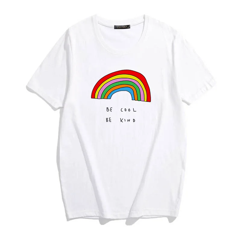 Be Cool Be kind Радужный принт Женская футболка модная новинка Tumblr гранж эстетические футболки Топы Женская графическая Белая кофта с капюшоном