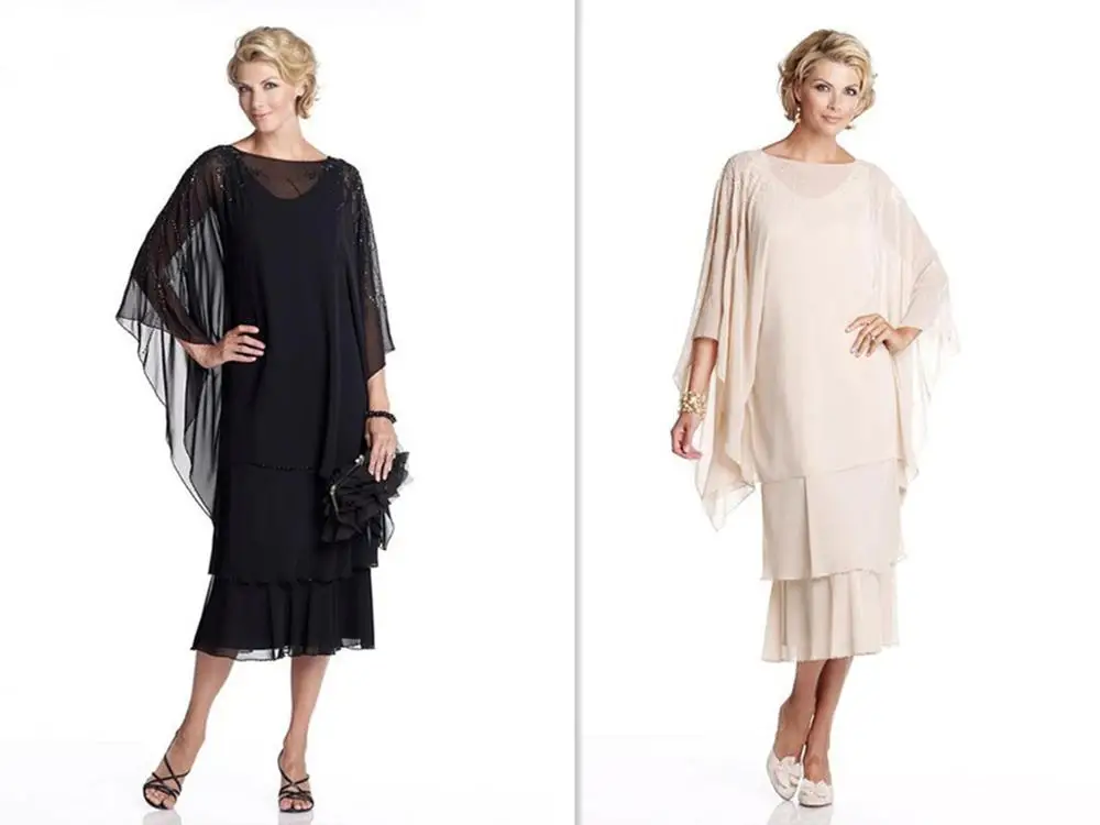 

Black Mother of the Bride Dress 2019 Elegant A-Line Princess Bateau Tea-length Black Beading Mother of the Bride Dresses
