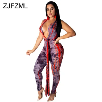 

Colorful Printing Fitness Fashion Overall Women Deep V Neck Sleeveless Sashes Hot Sale Bodysuit Sexy Package Hip Club Jumpsuits